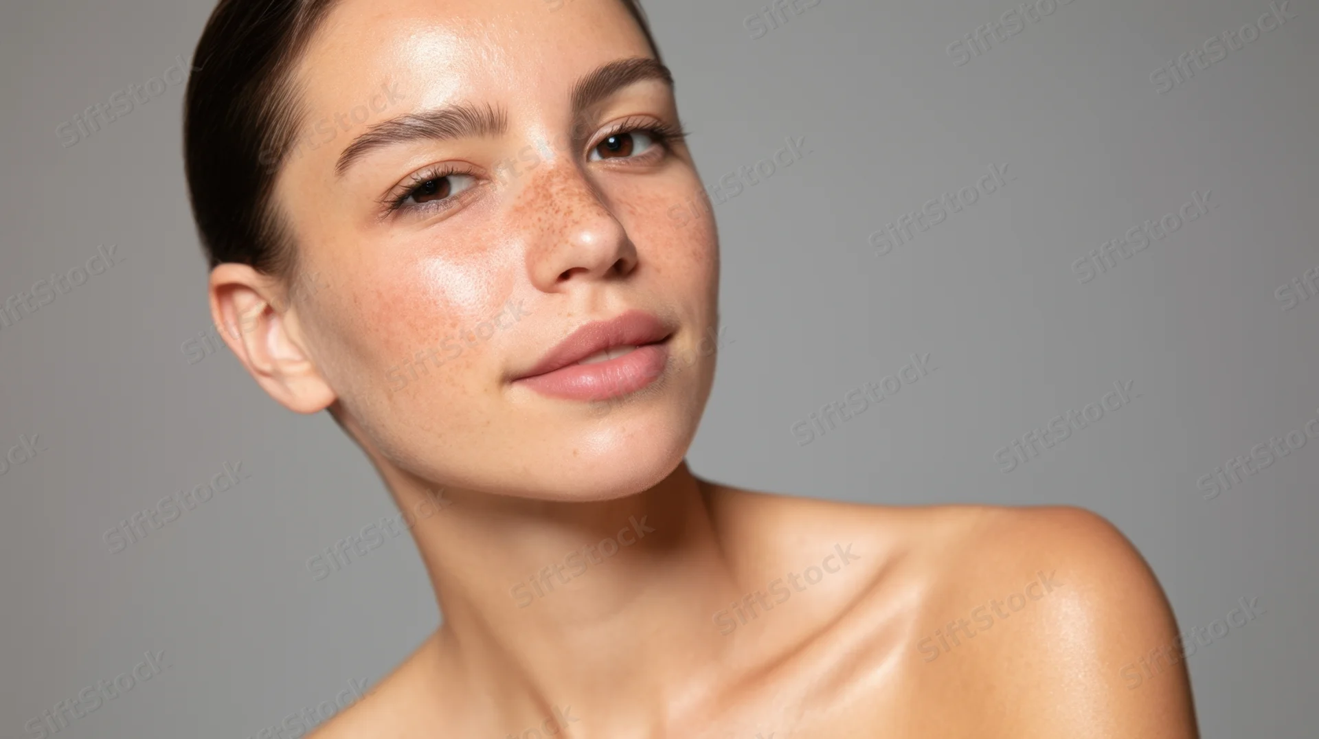 Young woman with natural glowing skin in studio portrait, freckles visible, no makeup, shoulder and neck shown, gray background with copyspace on right