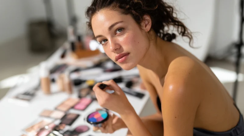 Young woman applying makeup in a studio with beauty products on a table