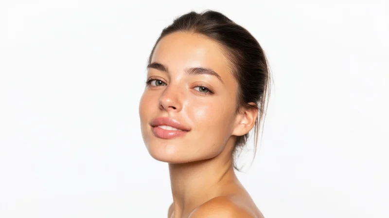 Young woman with clear glowing skin in studio portrait against white background