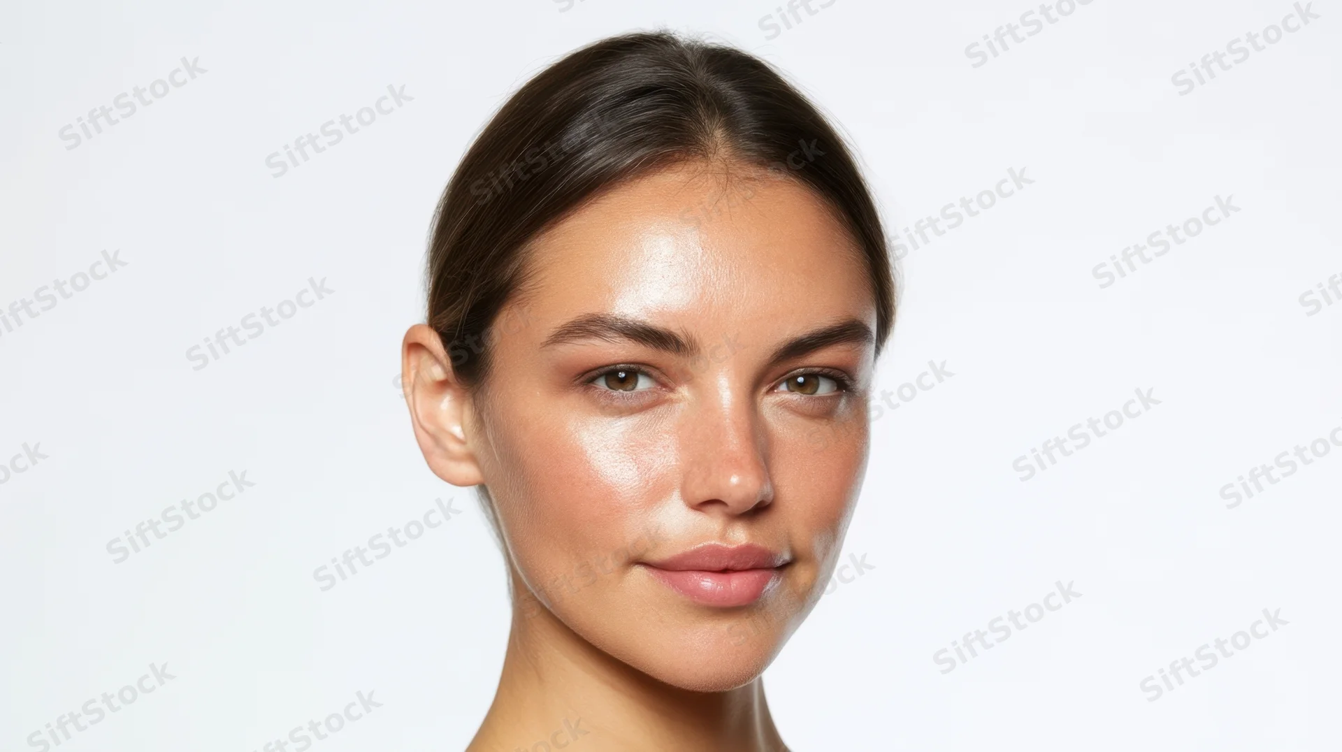 Young woman with glowing skin in studio portrait against white background