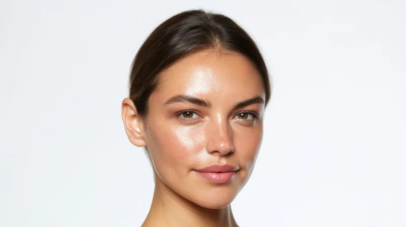 Young woman with glowing skin in studio portrait against white background