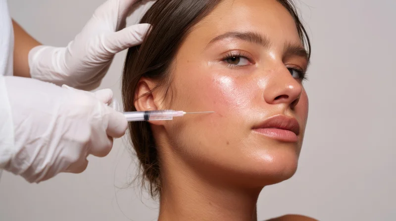 Young woman receiving facial injection in a clinic setting