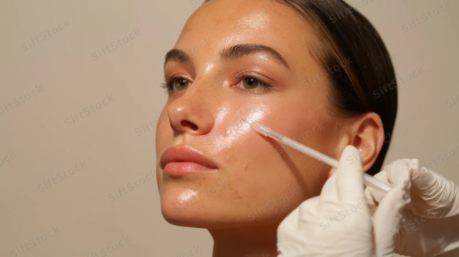 Young woman receiving facial skincare treatment with applicator on cheek