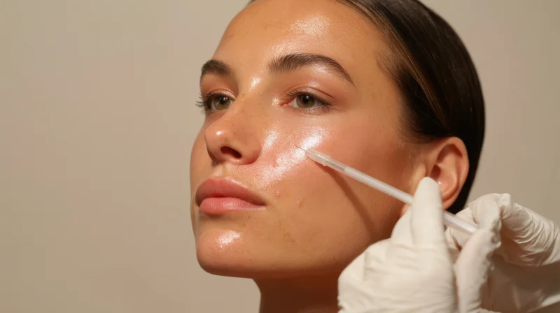 Young woman receiving facial skincare treatment with applicator on cheek