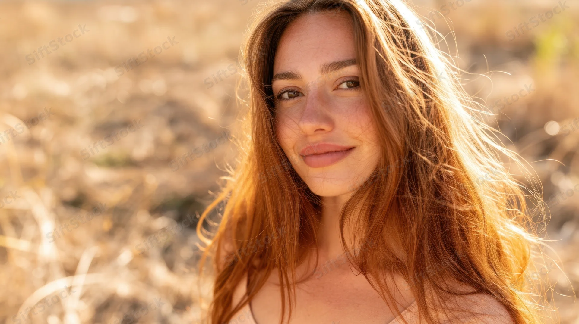 Young woman smiling in a sunlit field with long brown hair and freckles