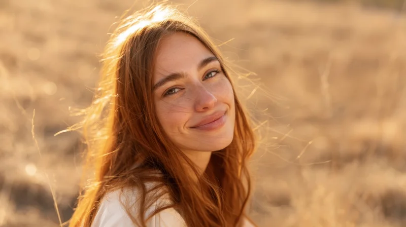 Young woman smiling in a golden field at sunset, hair blowing in the wind, wearing a white shirt