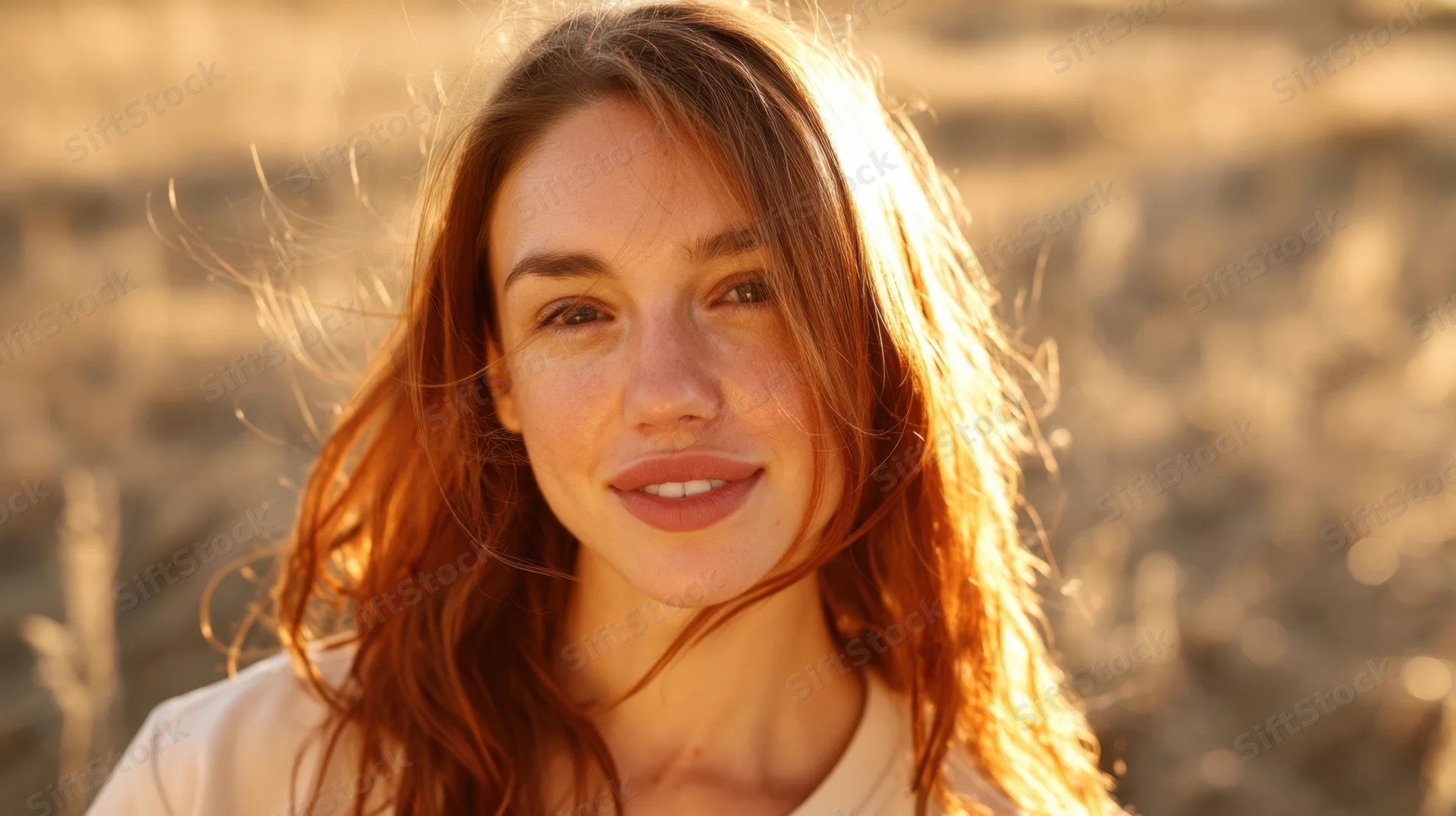 Young woman smiling in a sunlit field with windblown hair