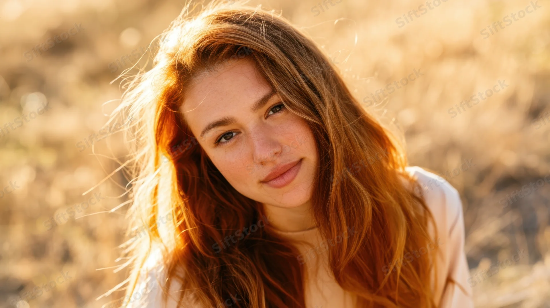Young woman with long red hair smiling softly in a sunlit field during golden hour
