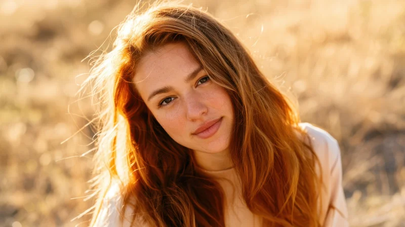 Young woman with long red hair smiling softly in a sunlit field during golden hour