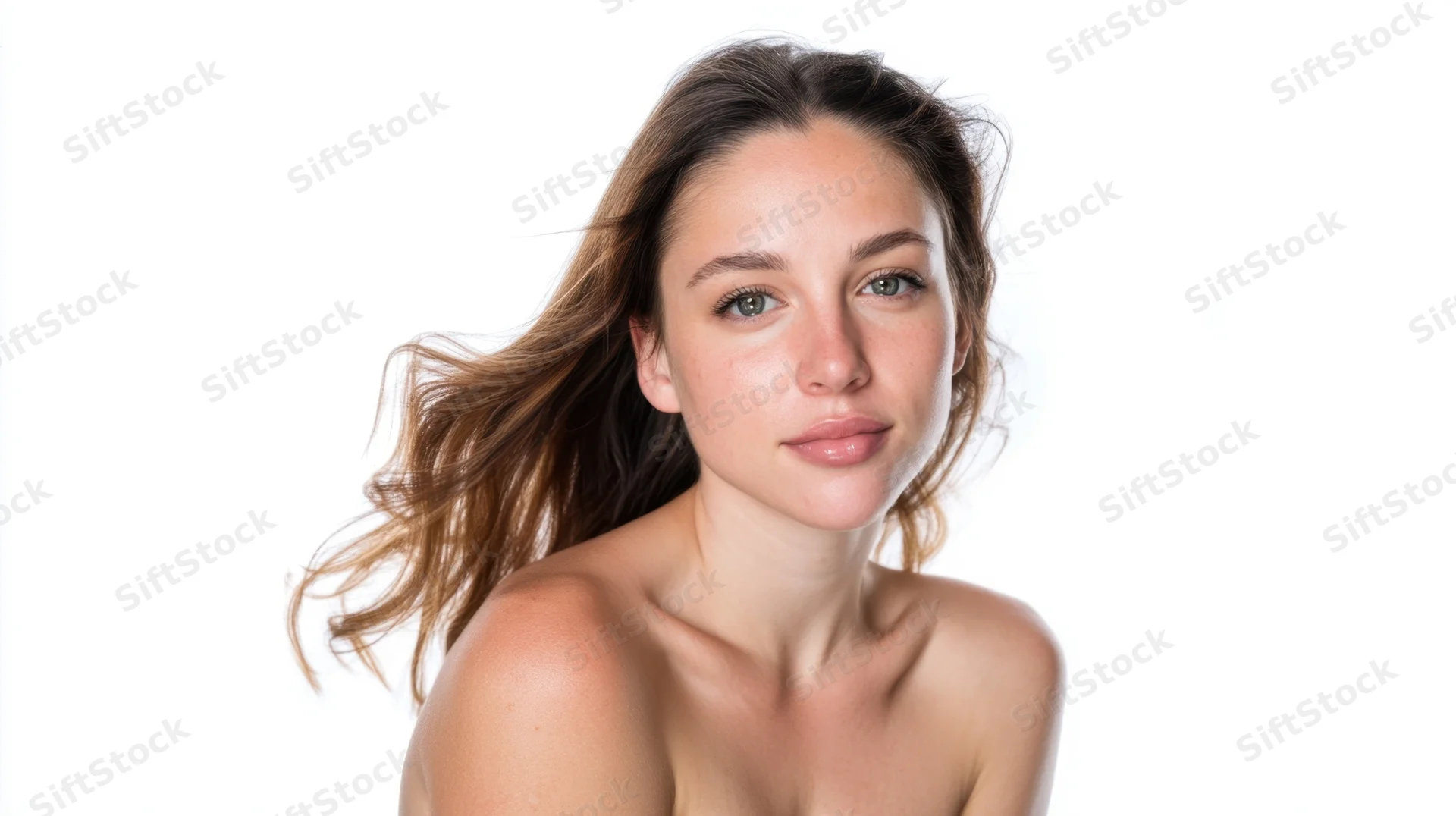 Young woman with flowing hair and bare shoulders in studio portrait against white background