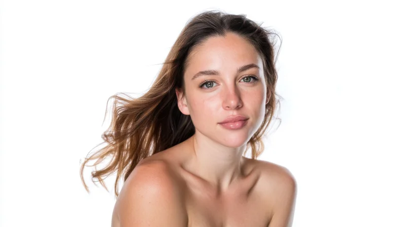 Young woman with flowing hair and bare shoulders in studio portrait against white background