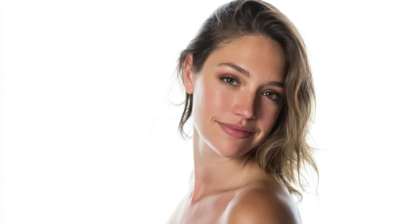 Young woman smiling softly in studio portrait with bare shoulders against white background