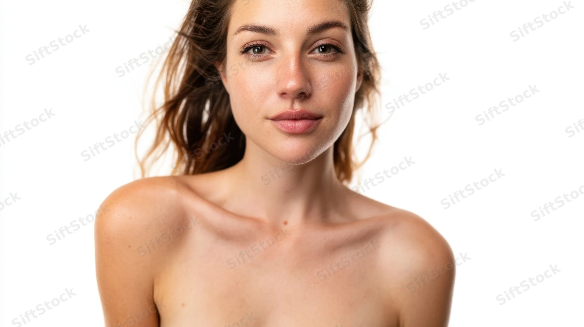 Young woman with bare shoulders and natural skin in studio portrait against white background