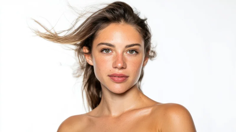 Young woman with windblown hair and freckled skin in studio portrait against white background