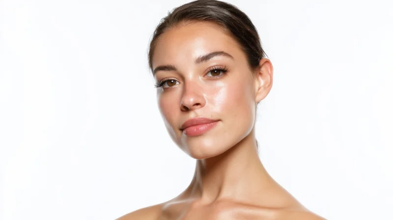 Young woman with glowing skin in studio portrait, isolated on white background