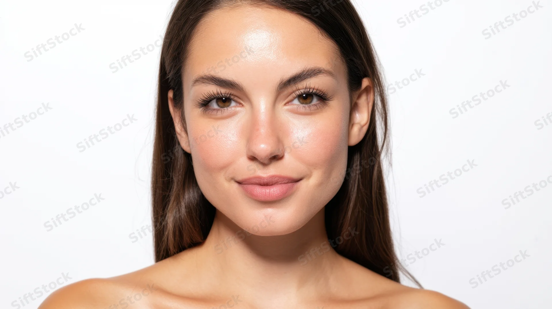 Young woman with smooth glowing skin smiling at camera against white background