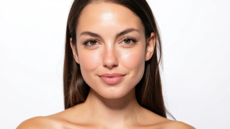 Young woman with smooth glowing skin smiling at camera against white background