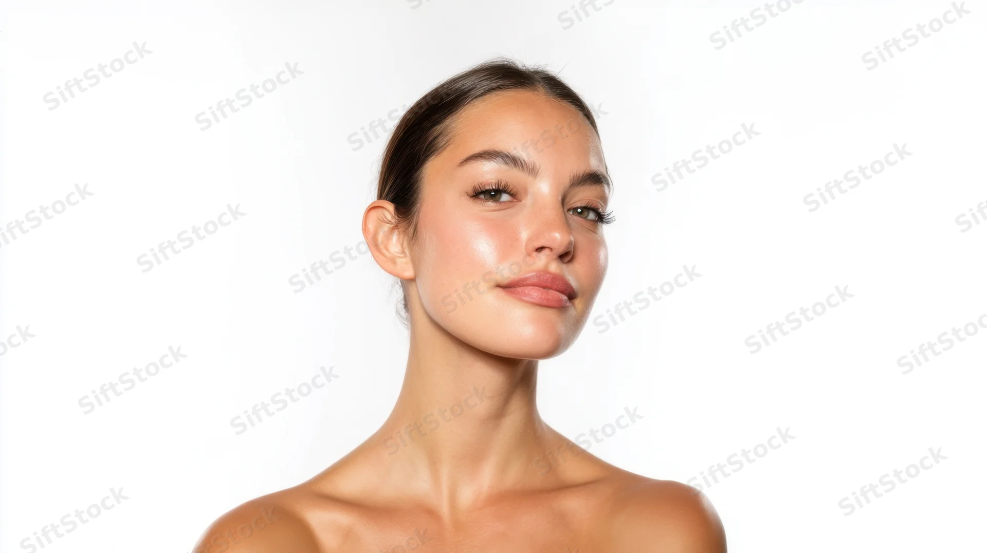 Young woman with glowing skin in studio portrait against white background