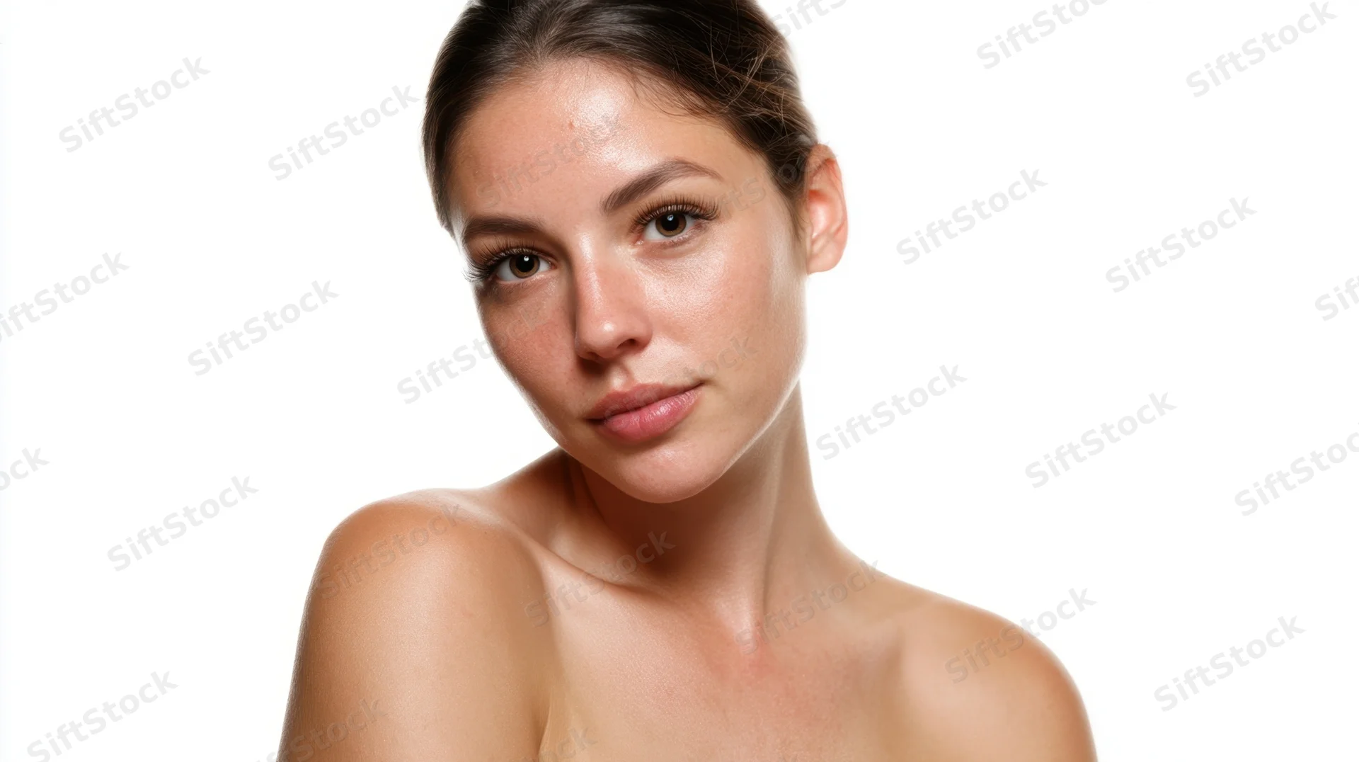 Young woman with clear glowing skin in studio portrait against white background