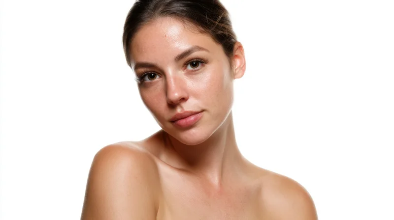 Young woman with clear glowing skin in studio portrait against white background