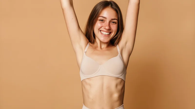 Young woman smiling with arms raised wearing beige bra in studio setting