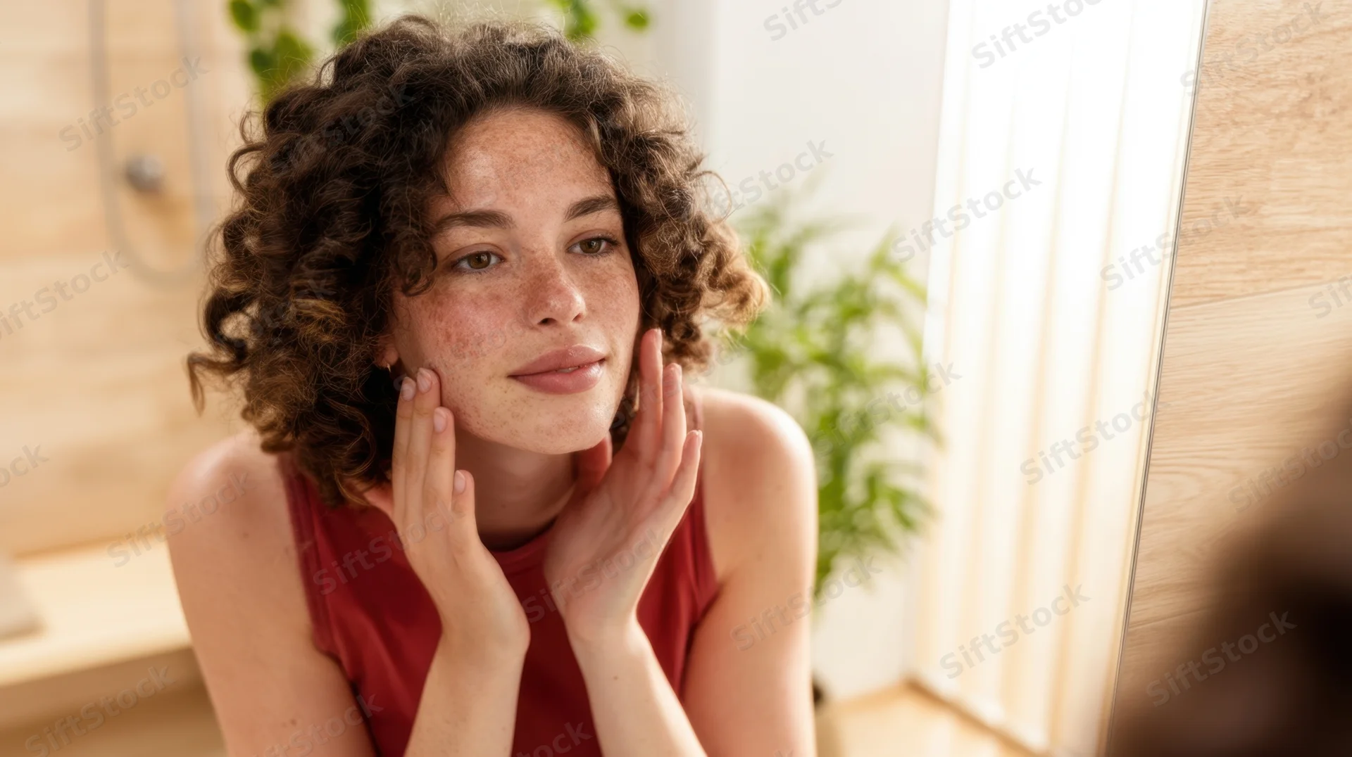 Young woman touching her face in mirror in bathroom