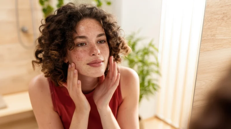 Young woman touching her face in mirror in bathroom