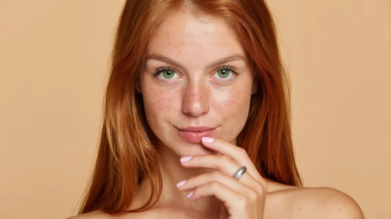 Young woman with red hair and green eyes touching her lips in studio portrait