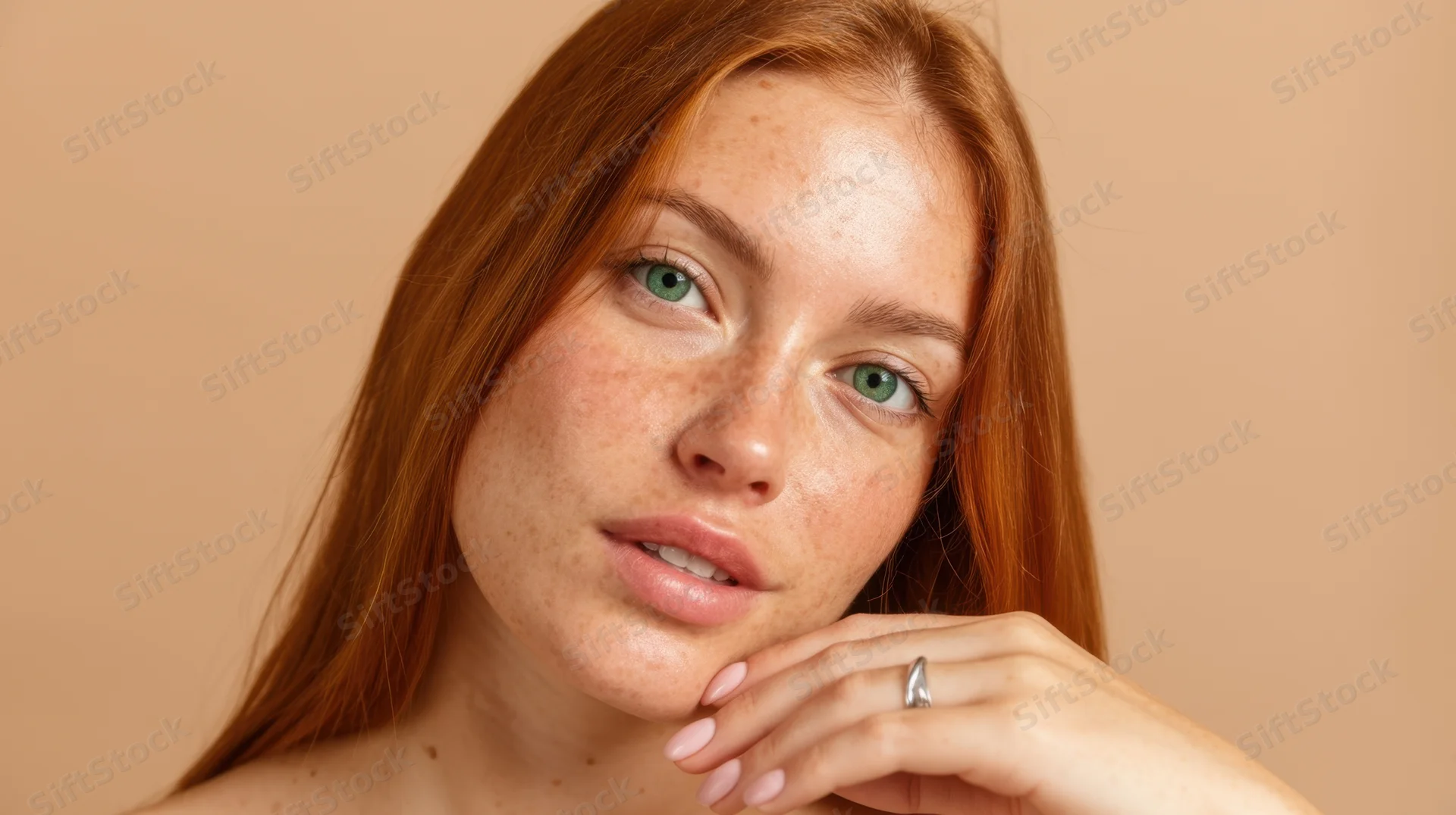 Young woman with red hair and freckles posing in studio with hand near face