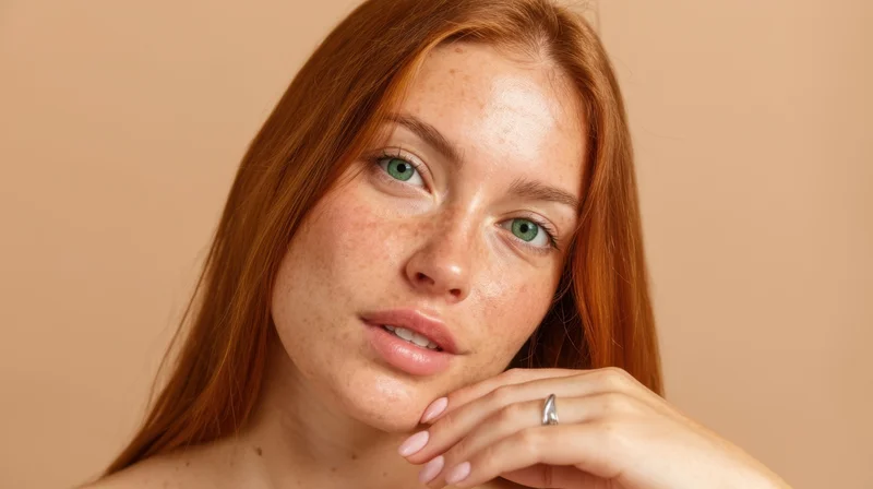 Young woman with red hair and freckles posing in studio with hand near face
