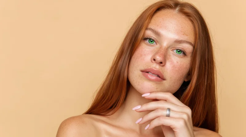 Young woman with red hair and green eyes posing with hand on chin in studio setting