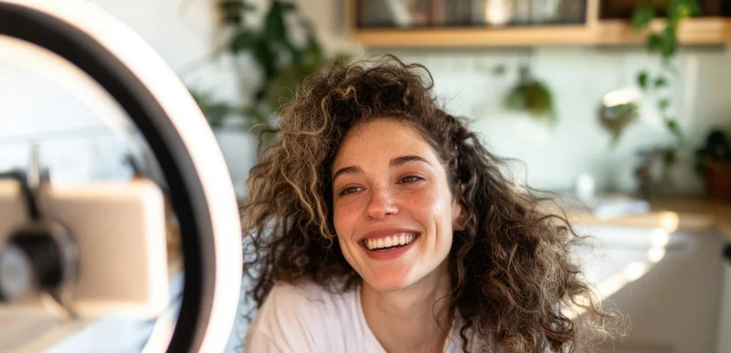 Young woman smiling at camera with ringlight in kitchen