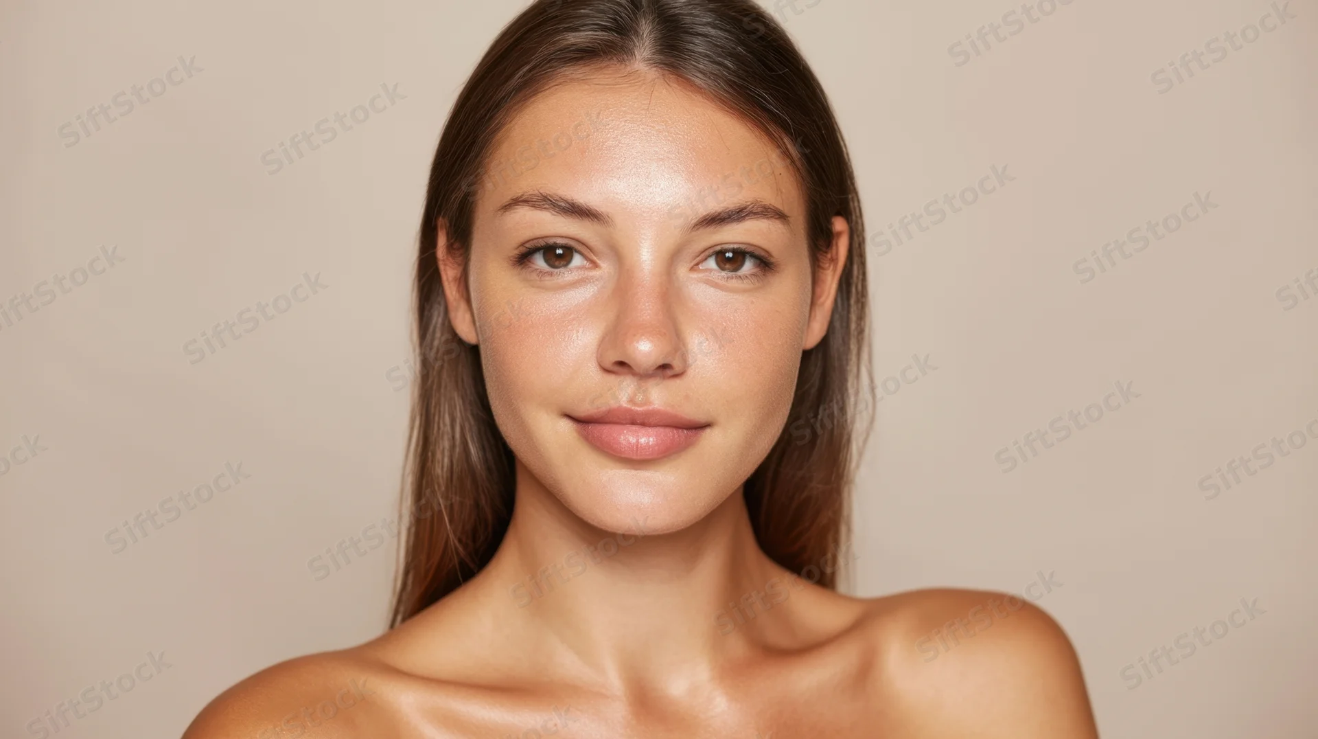 Young woman with clear glowing skin in studio portrait, bare shoulders, neutral background