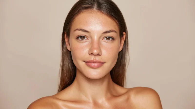 Young woman with clear glowing skin in studio portrait, bare shoulders, neutral background