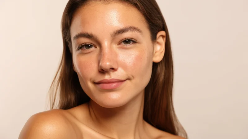 Young woman with glowing natural skin in studio portrait