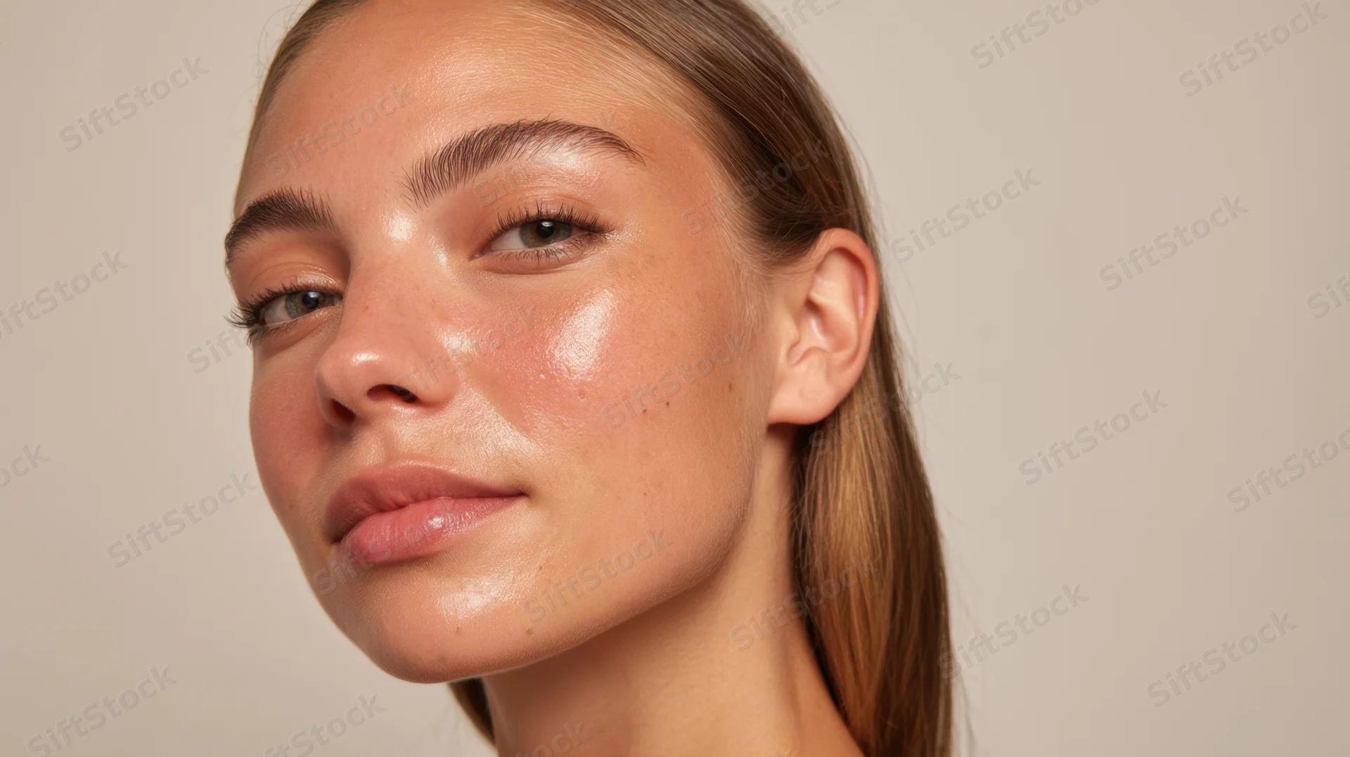 Closeup of a young woman’s face showing glowing natural skin with soft studio lighting and neutral background