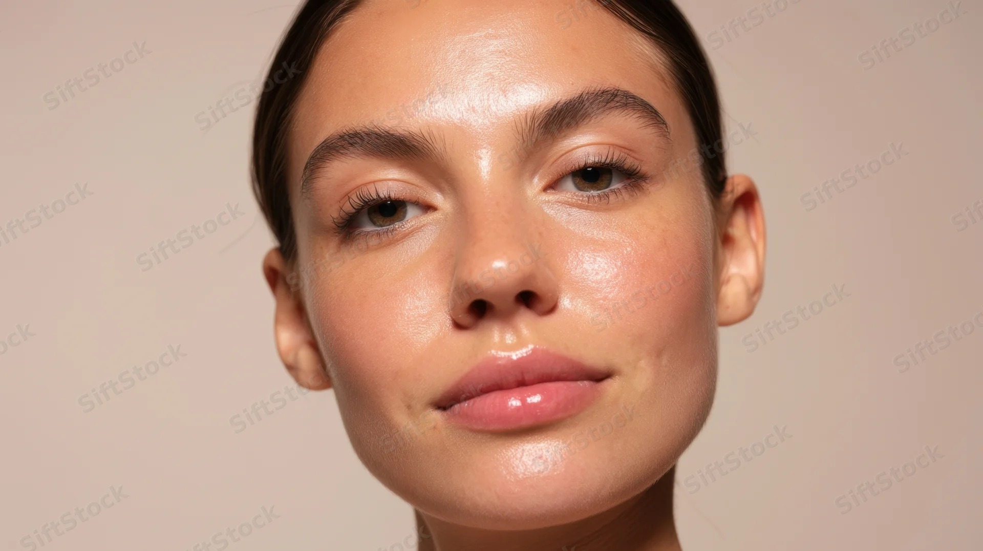Closeup of a young woman’s face showing natural glowing skin against a neutral background