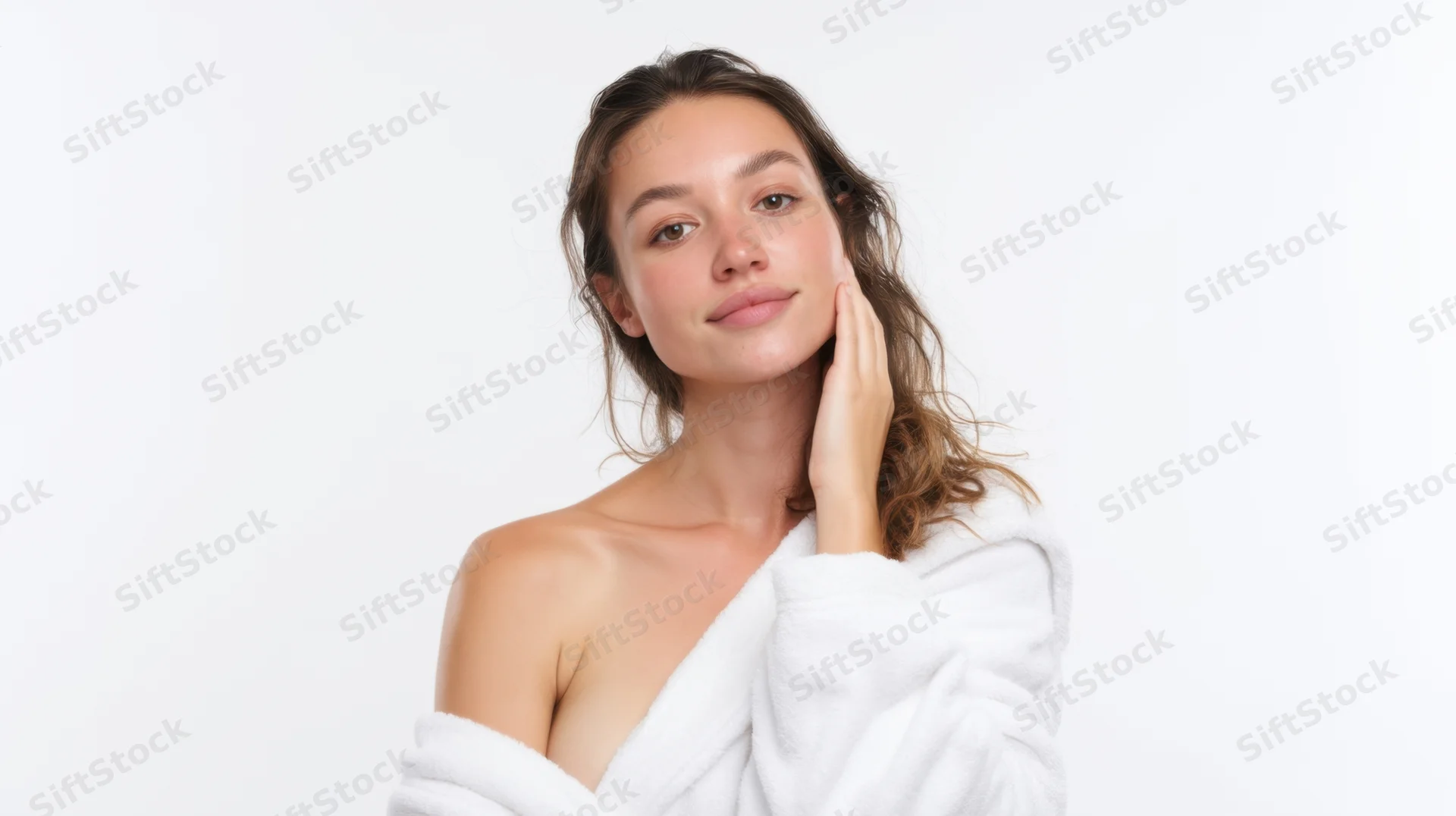 Young woman in white bathrobe touching her face against white background