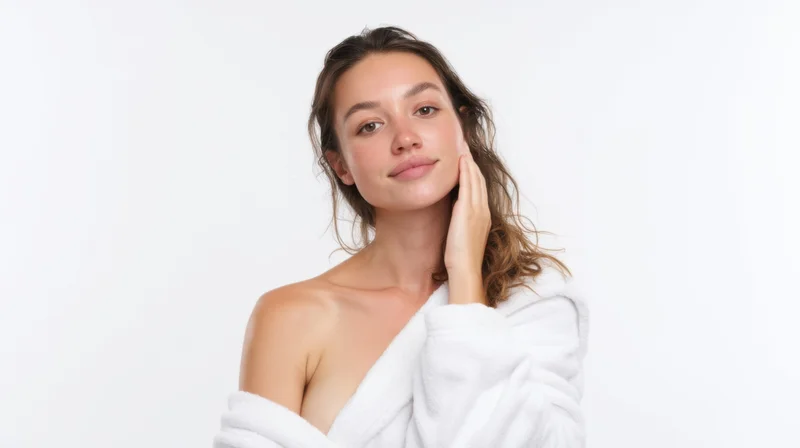 Young woman in white bathrobe touching her face against white background