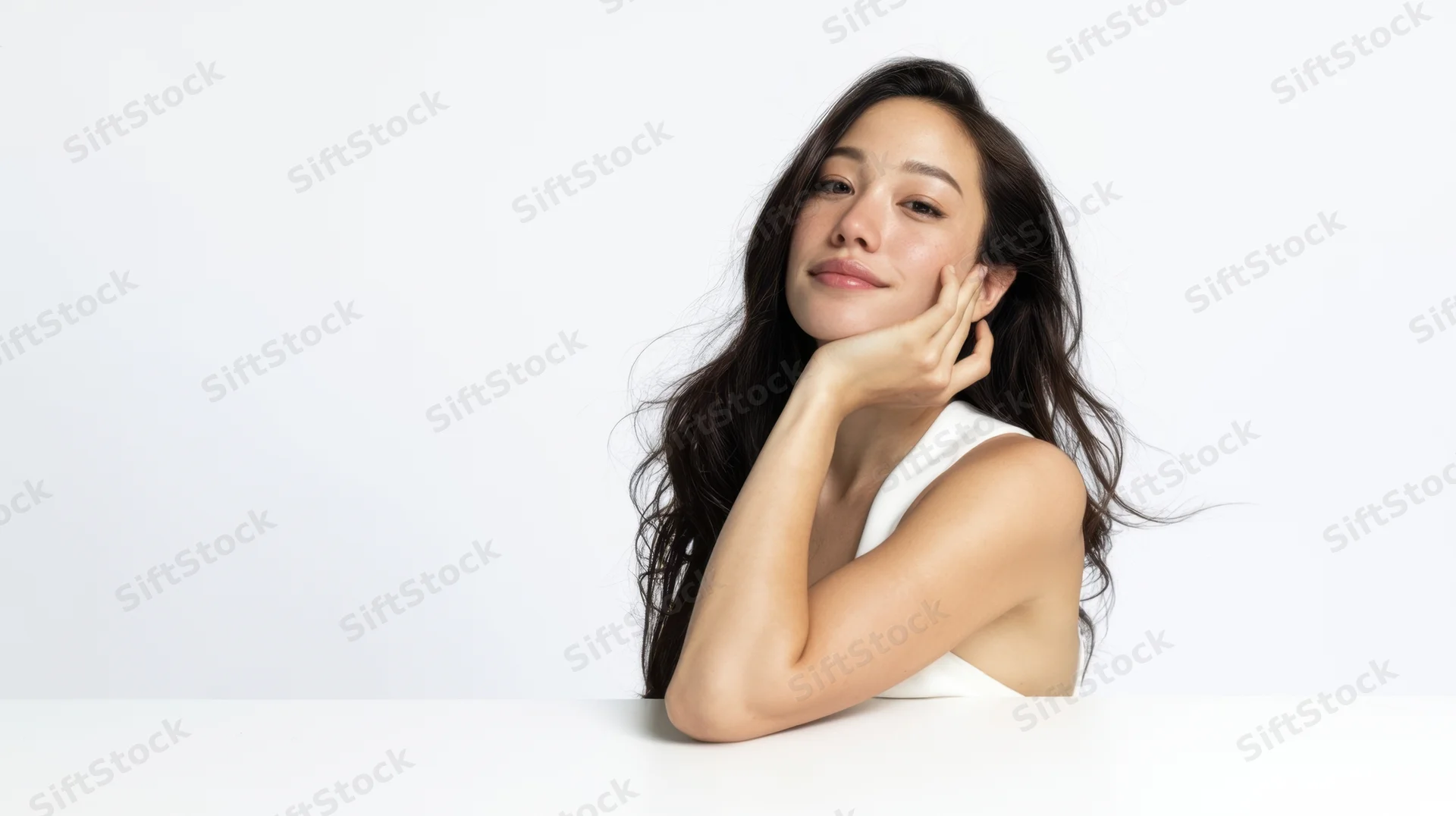 Young asian woman touching her face with hand in studio setting