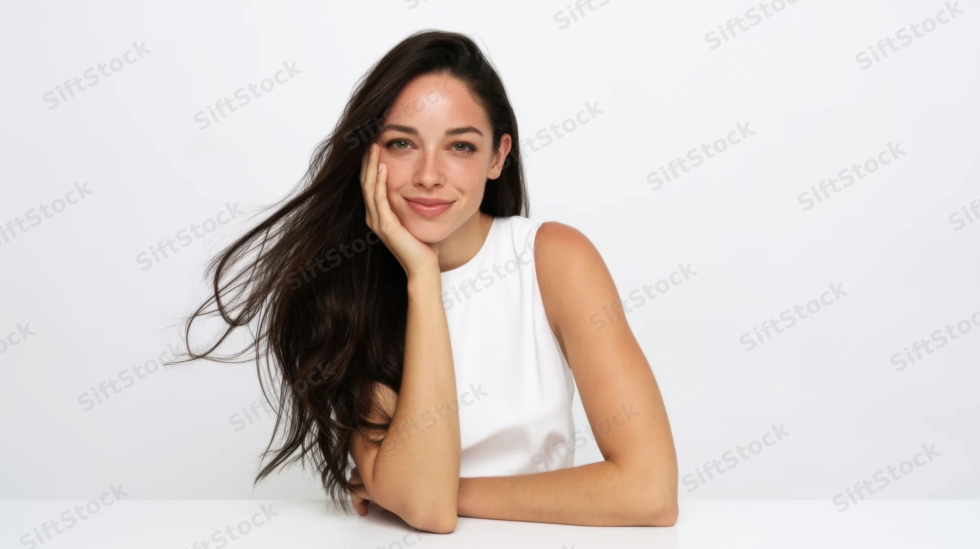 Young woman smiling with hand on chin, posing in white top against plain white background
