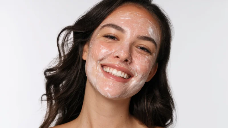 Young woman smiling with facial cleanser foam on her face against white background
