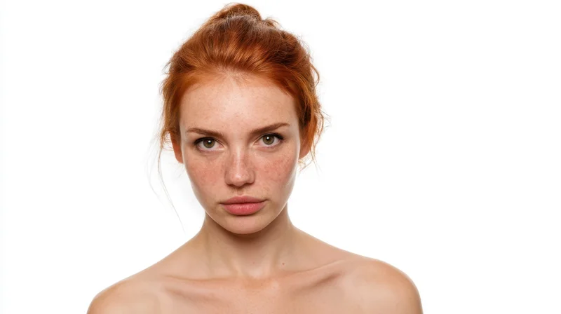 Young woman with red hair in a bun, freckled face, bare shoulders, looking at camera against white background