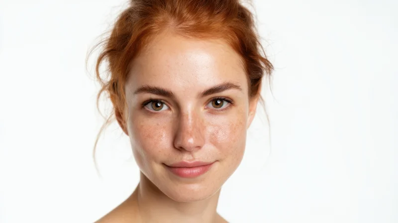 Young woman with red hair and freckles facing camera in close-up portrait against white background