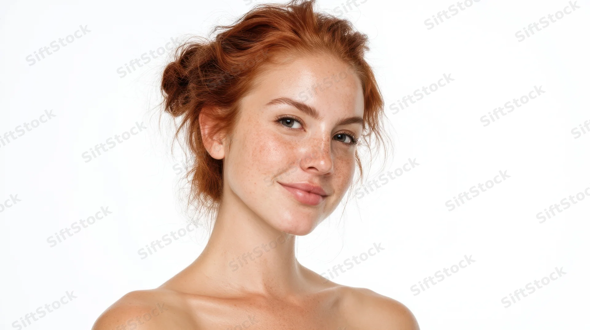 Young woman with red hair and freckles smiling in studio portrait against white background