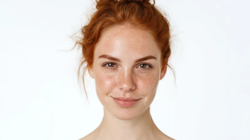 Young woman with red hair and freckles smiling at camera against white background