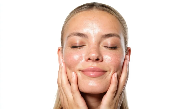 Young woman with closed eyes holding her face gently against white background