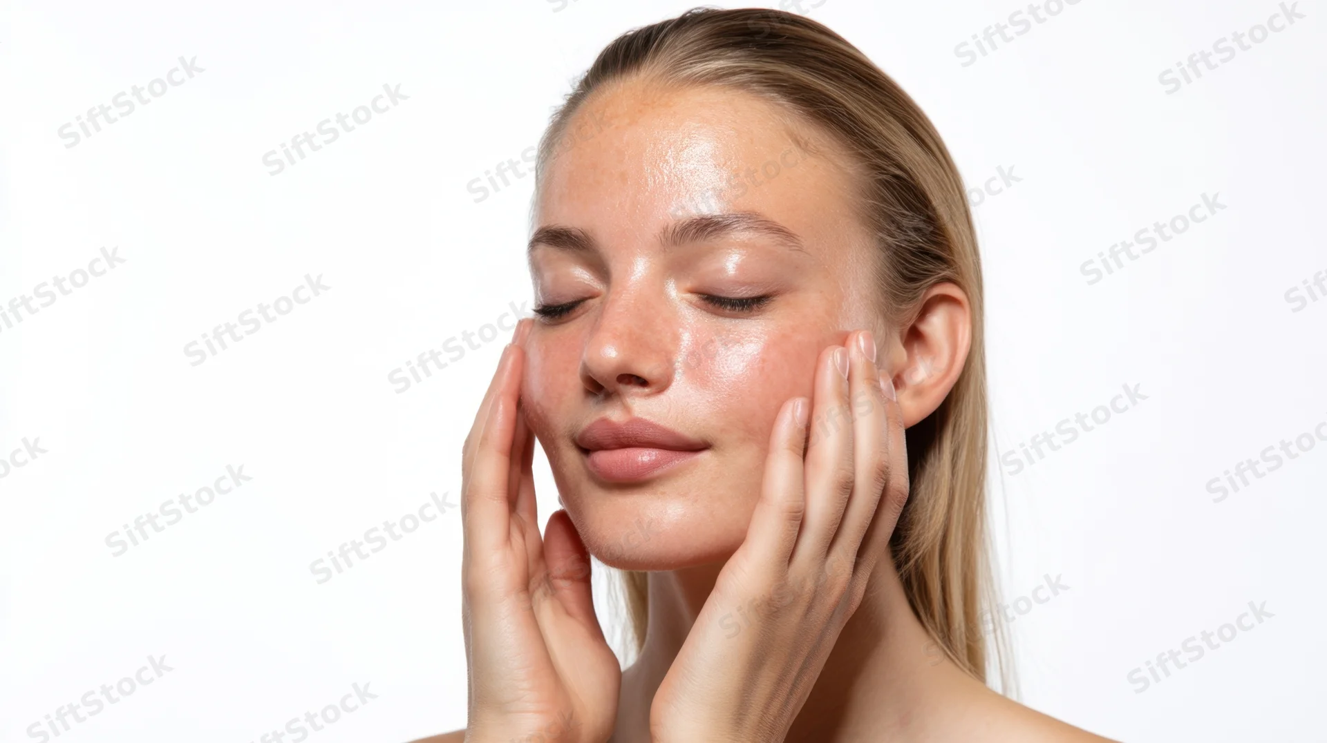 Young woman gently touching her face with hands, eyes closed, in studio setting