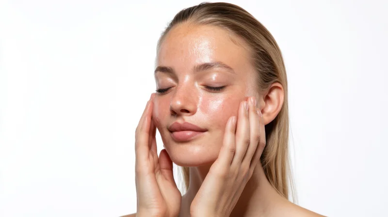 Young woman gently touching her face with hands, eyes closed, in studio setting
