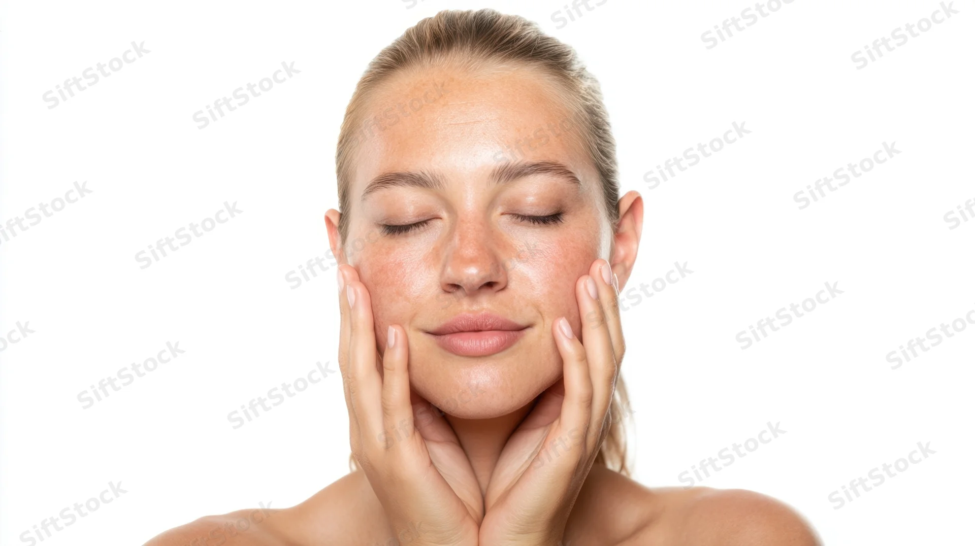 Young woman with closed eyes gently touching her face with hands against white background